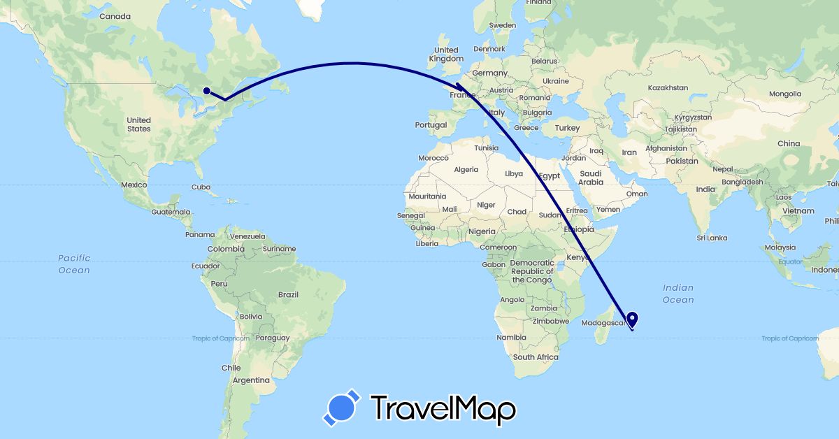 TravelMap itinerary: driving in Canada, France, Réunion (Africa, Europe, North America)